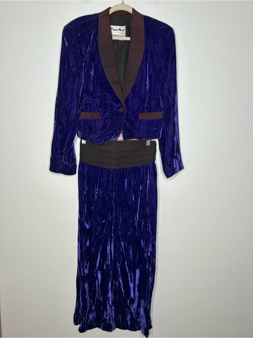 Vintage Pioneer Wear Purple Velvet Two-Piece Blazer and Skirt Set Size Medium